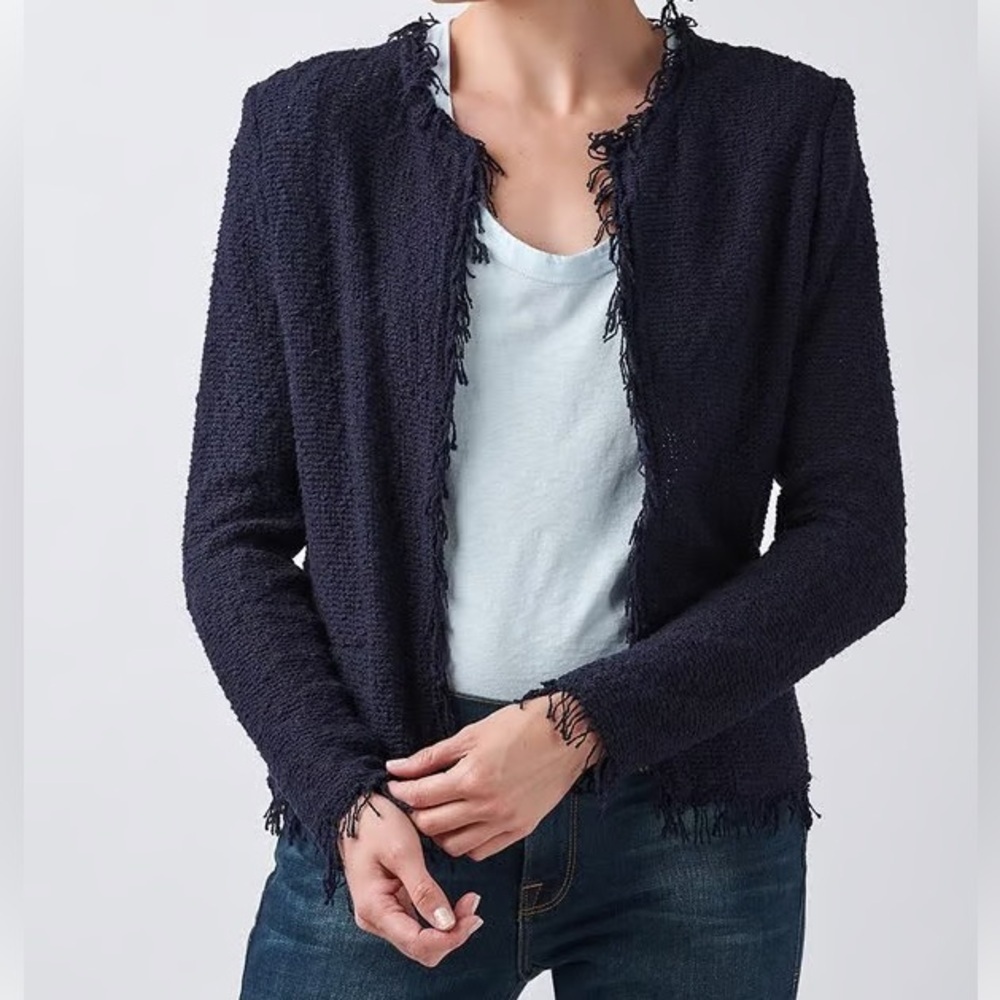IRO Shavani Boucle Knit Fringed Edge Trim Long Sleeve Open-Front Jacket Blue 6